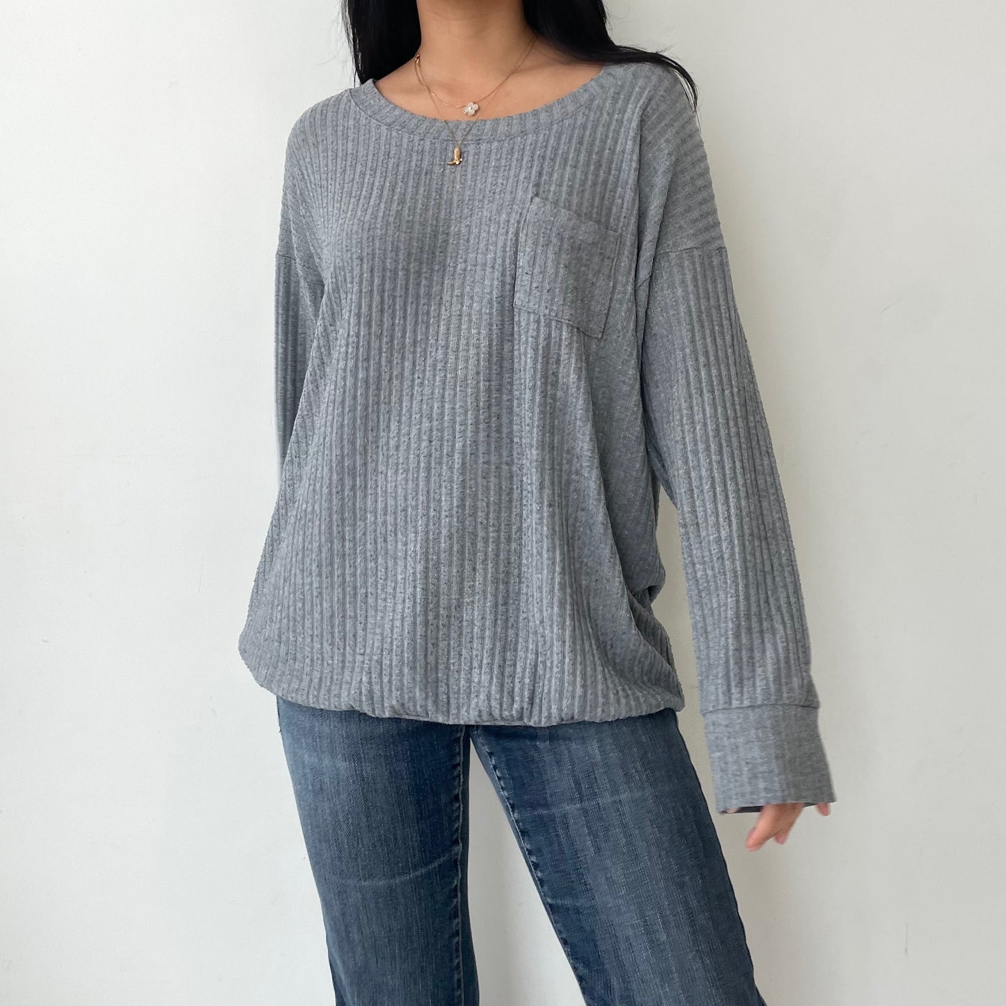 Eberjey Livid Grey Ribbed Long Sleeve Relaxed Knit Top - Large