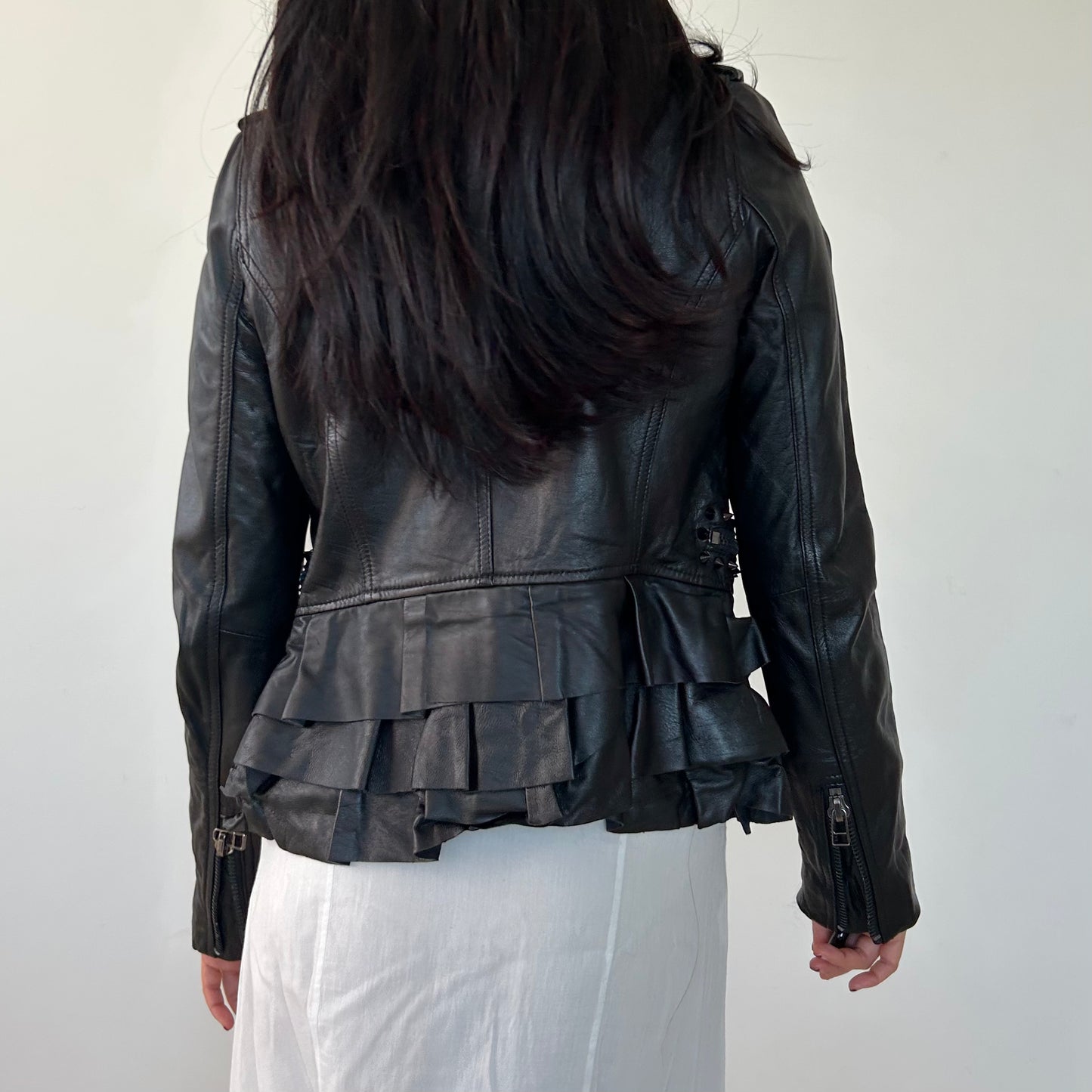 AIM Black Ruffled Leather Moto Jacket - X-Small