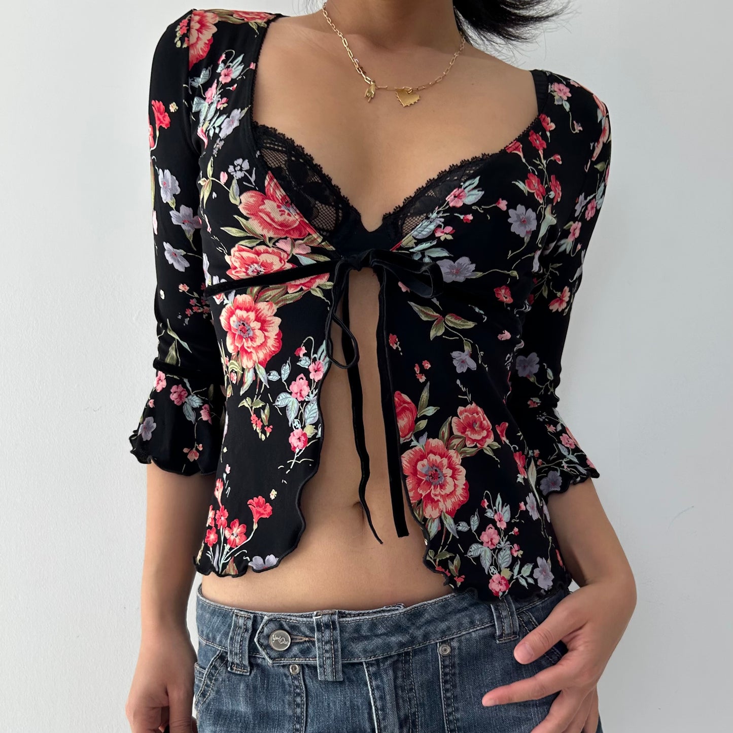 Made in USA Bebe Black Floral Tie Front Top - X-Small