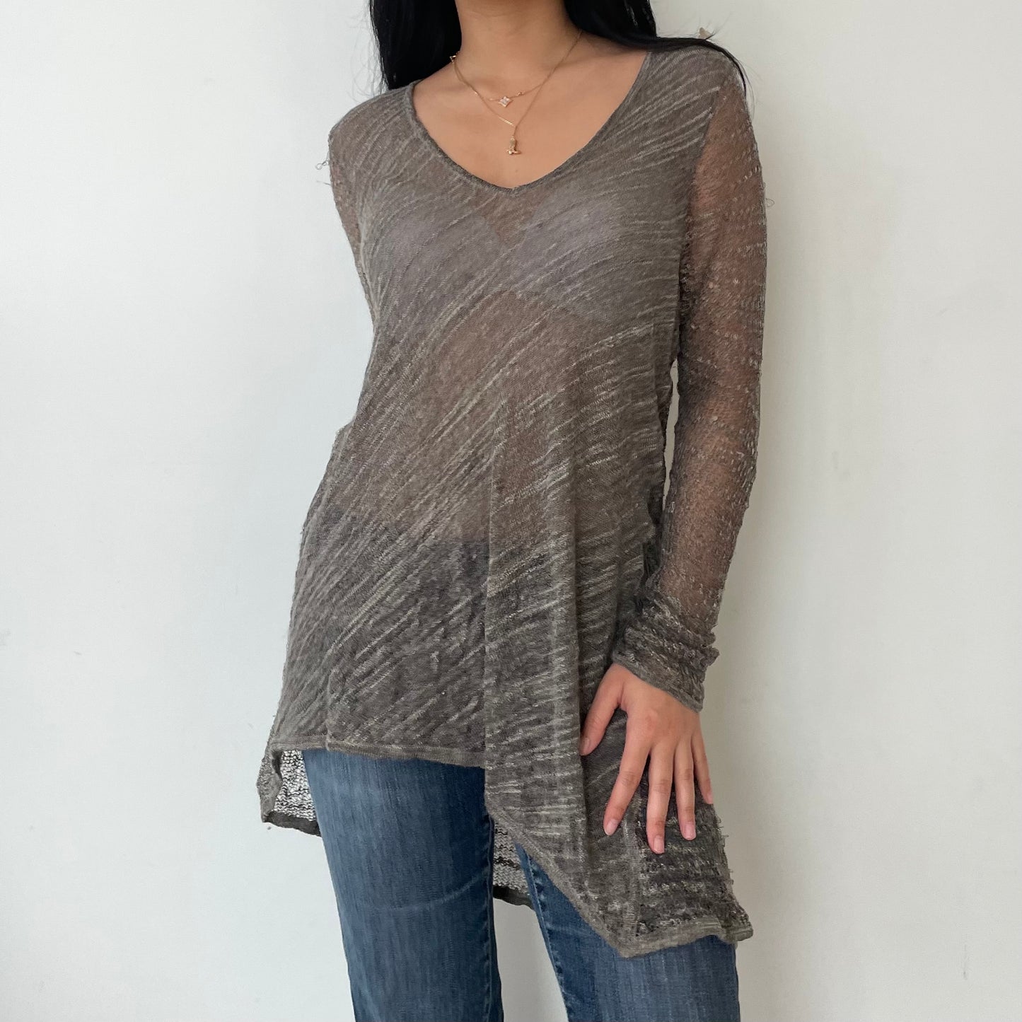 Helmut Lang Grey Long Sleeve V Neck Asymmetrical Knit - Large