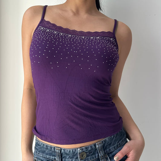 Purple Square Neck Rhinestone Bedazzled Cami Top - Small