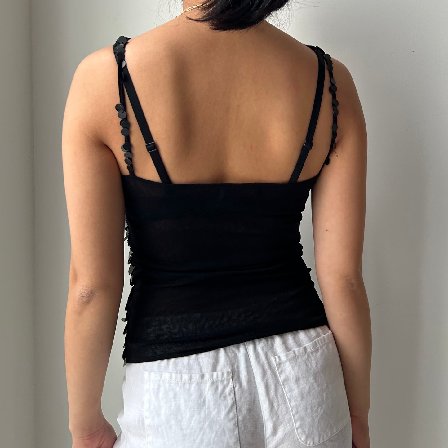 Black Sequin Mesh Cami Top - Small