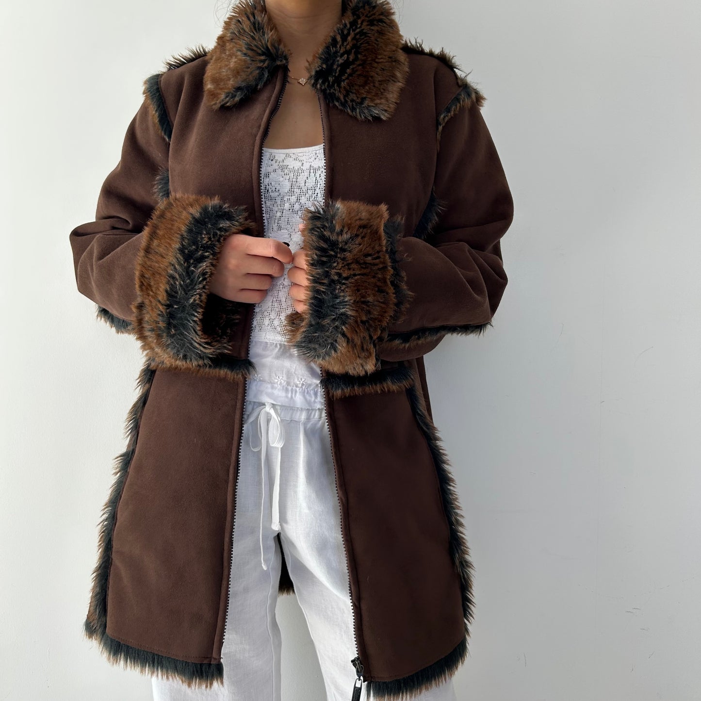 Brown Faux Shearling Full Zip Coat - Large