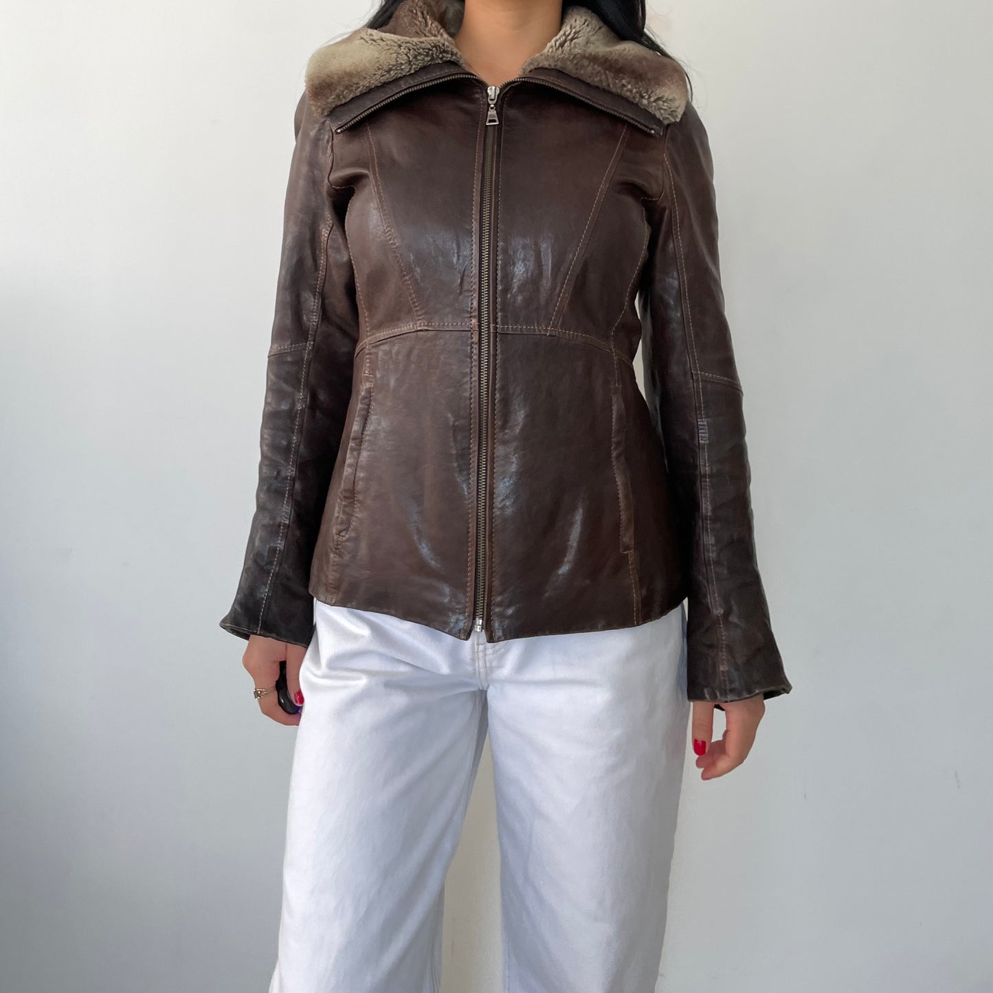 Danier Brown Fur Trim Zip Up Leather Jacket - X-Small/Small