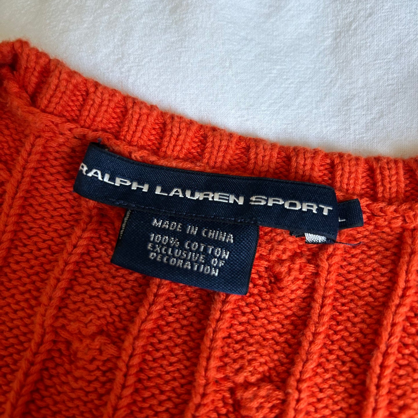 Ralph Lauren Sport Orange V-Neck Cable Knit Sweater - Large