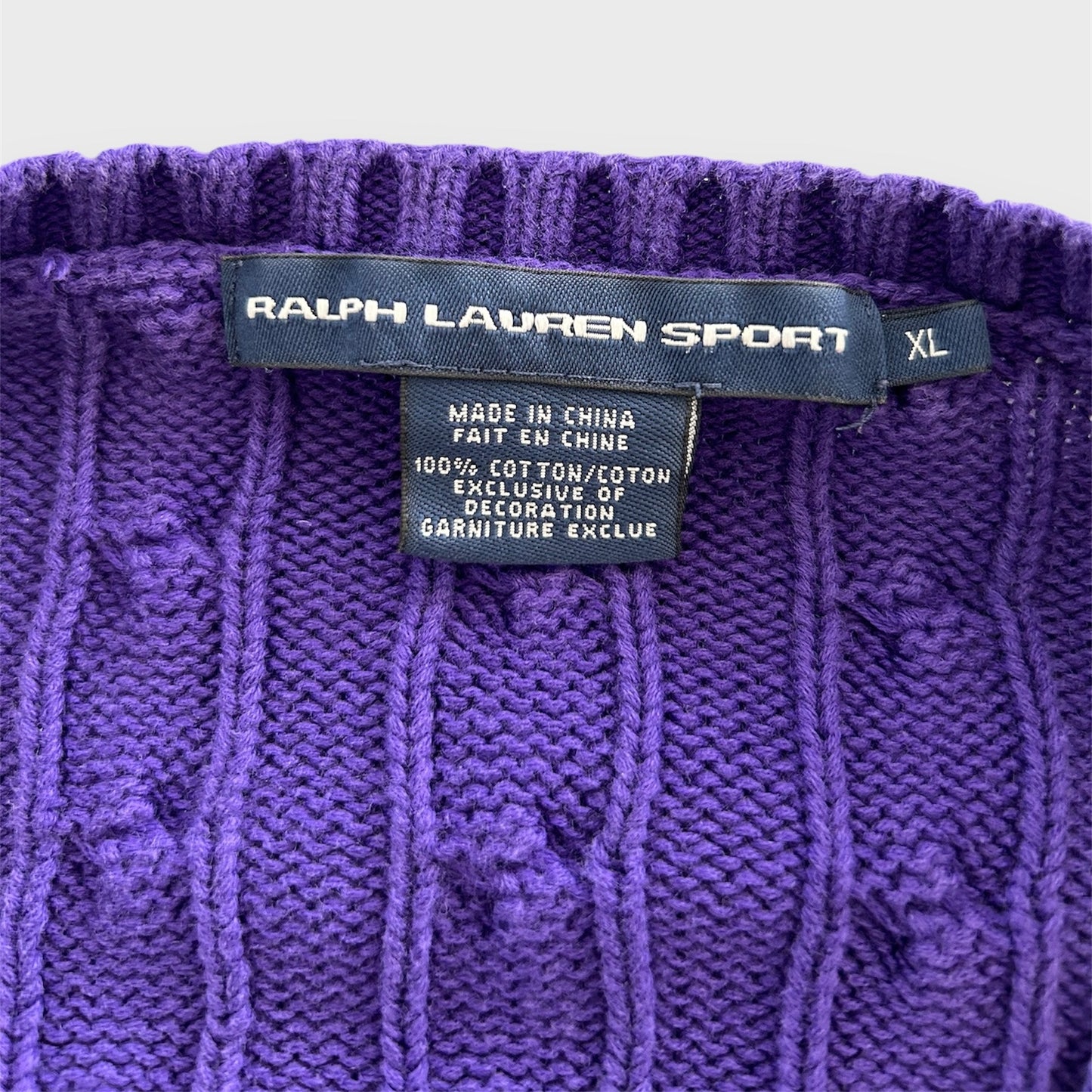 Ralph Lauren Sport Purple V-Neck Cable Knit Jumper - X-Large