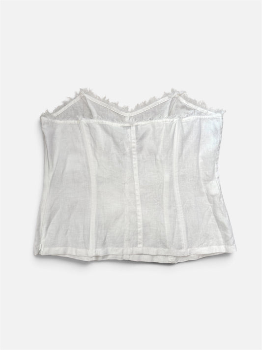 White Linen Embroidered Boned Bustier Strapless Top - Large