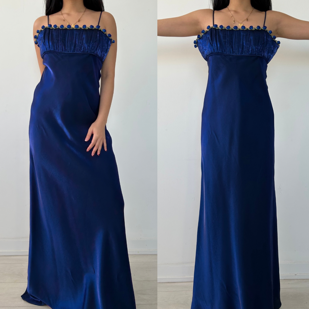 90s satin dress Vintage 90s Made in USA Royal Blue Satin Gown with Rose Trim