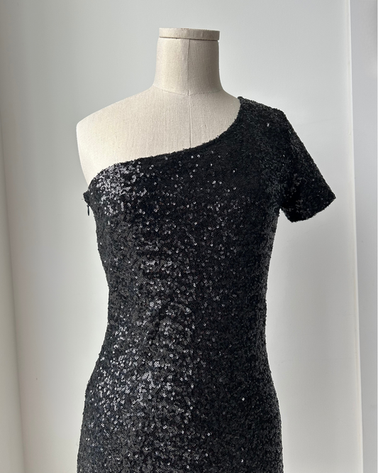 Axara Paris Black One Shoulder Sequin Mini Dress - Medium