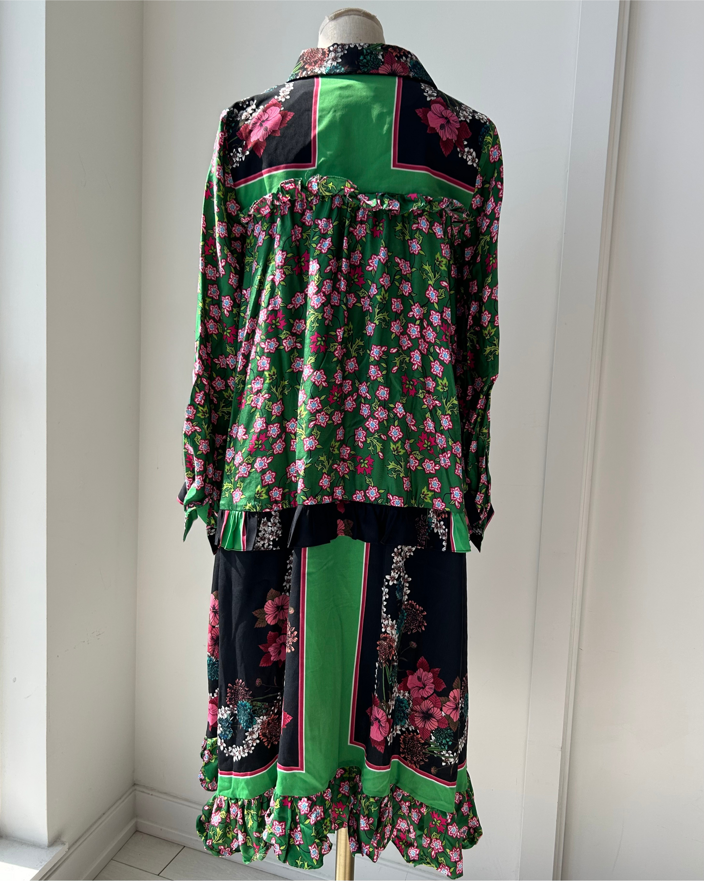 Sandro Green Floral Silk Shirt Dress - Medium