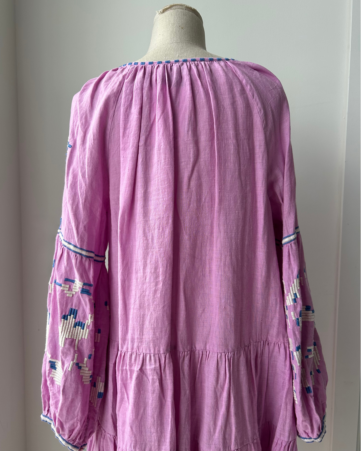 Benaras by Citrus Pink Embroidered Long Sleeve Linen Tunic Dress with Tassels - X-Large