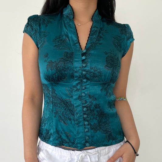 Le Château Teal Oriental Style Button Up Short Sleeve Blouse - Small