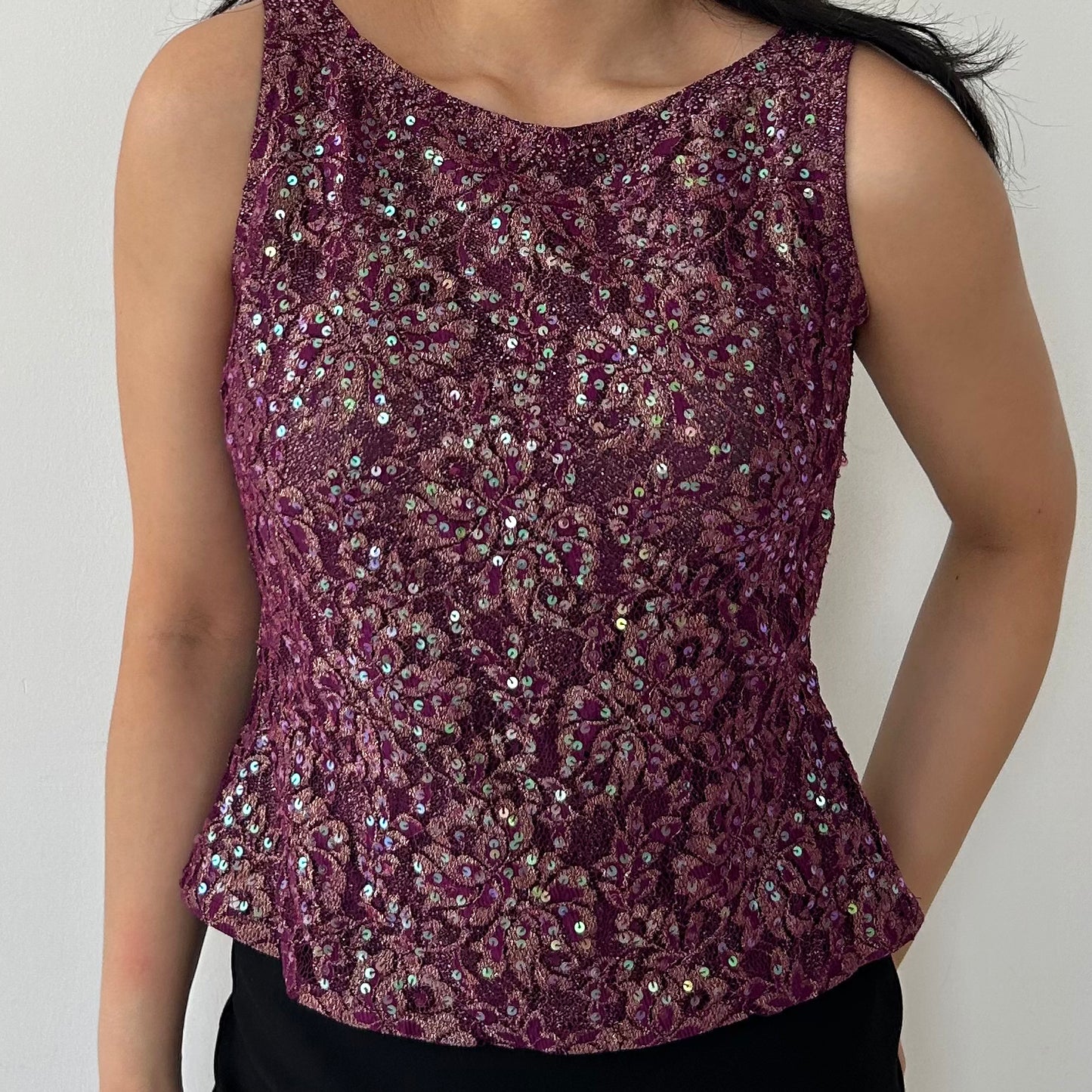 GVN Purple Sequin High Neck Sleeveless Floral Tank - Medium
