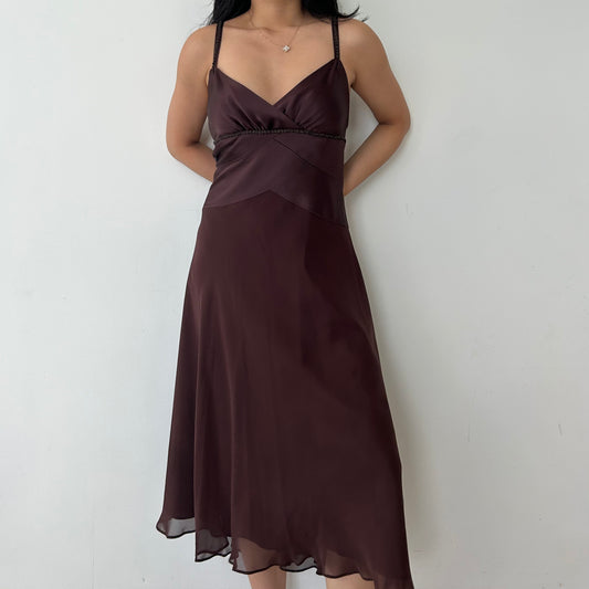 Jones New York Brown Silk V-Neck Midi Formal Dress - Medium