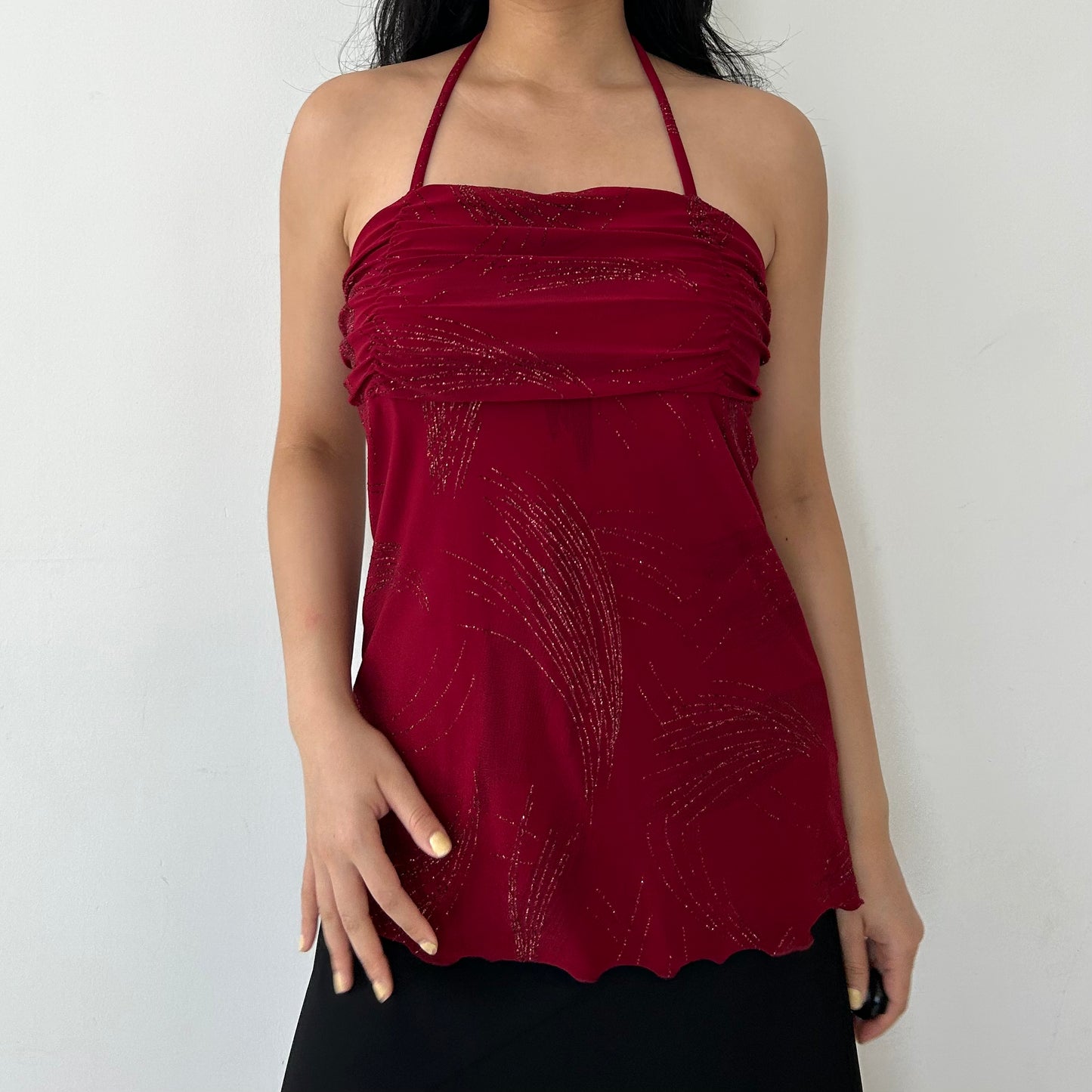Suzy Shier Made in Canada Red Sparkly Halter Neck Top - Medium
