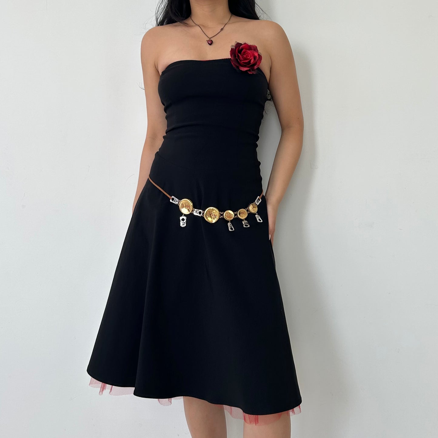 Vintage 1990s Made in USA Forever 21 Red Rose Brooch Black Strapless Dress - Small