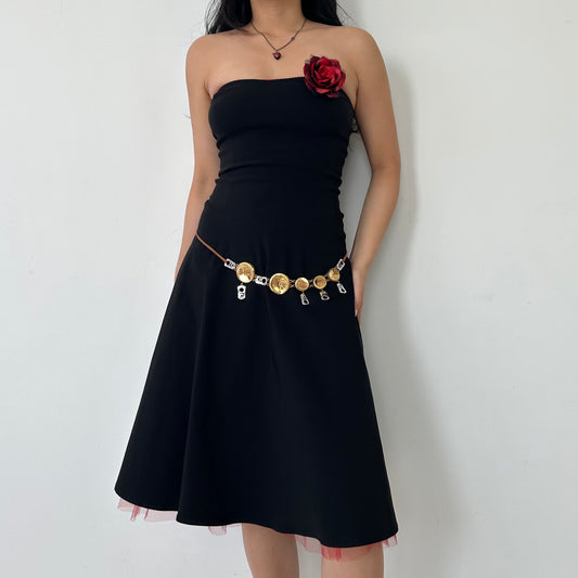 Vintage 1990s Made in USA Forever 21 Red Rose Brooch Black Strapless Dress - Small