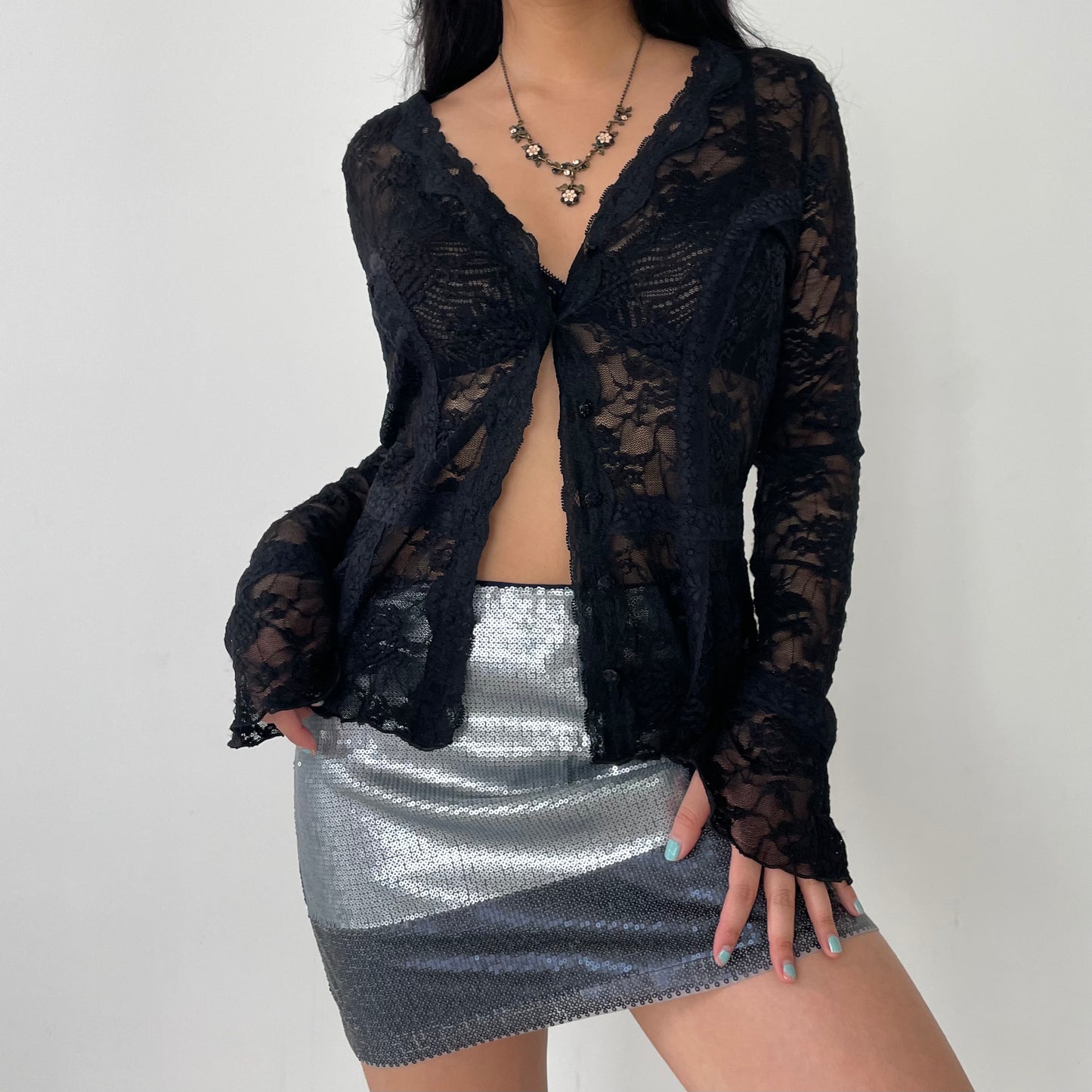 Le Château Black Long Sheer Sleeve Lace Cardigan - Small