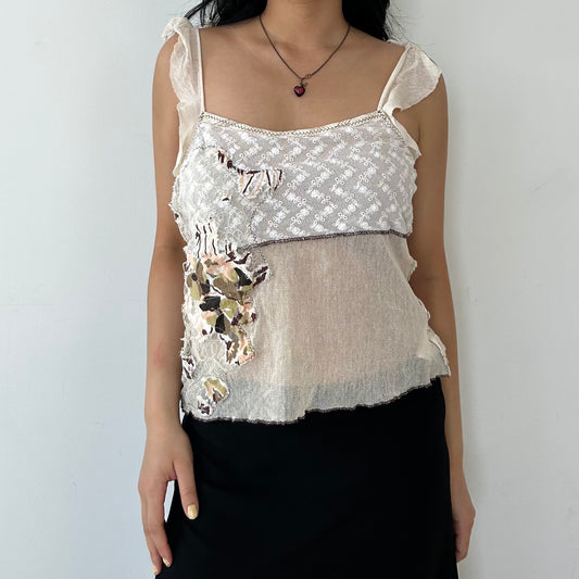 Vintage 1990s Pinko Beige Floral Patchwork Lace Mesh Top - Small
