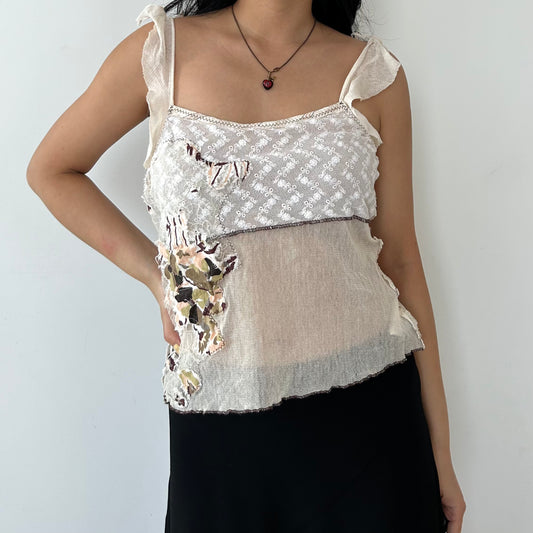 Vintage 1990s Pinko Beige Floral Patchwork Lace Mesh Top - Small