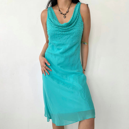 Vintage 1990s Chica’s USA Turquoise Beaded Cowl Neck Cocktail Dress - Large