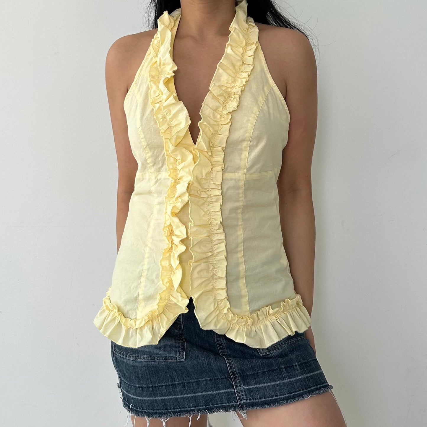 Costa Blanca Butter Yellow Ruffle Halter Neck Top - Large