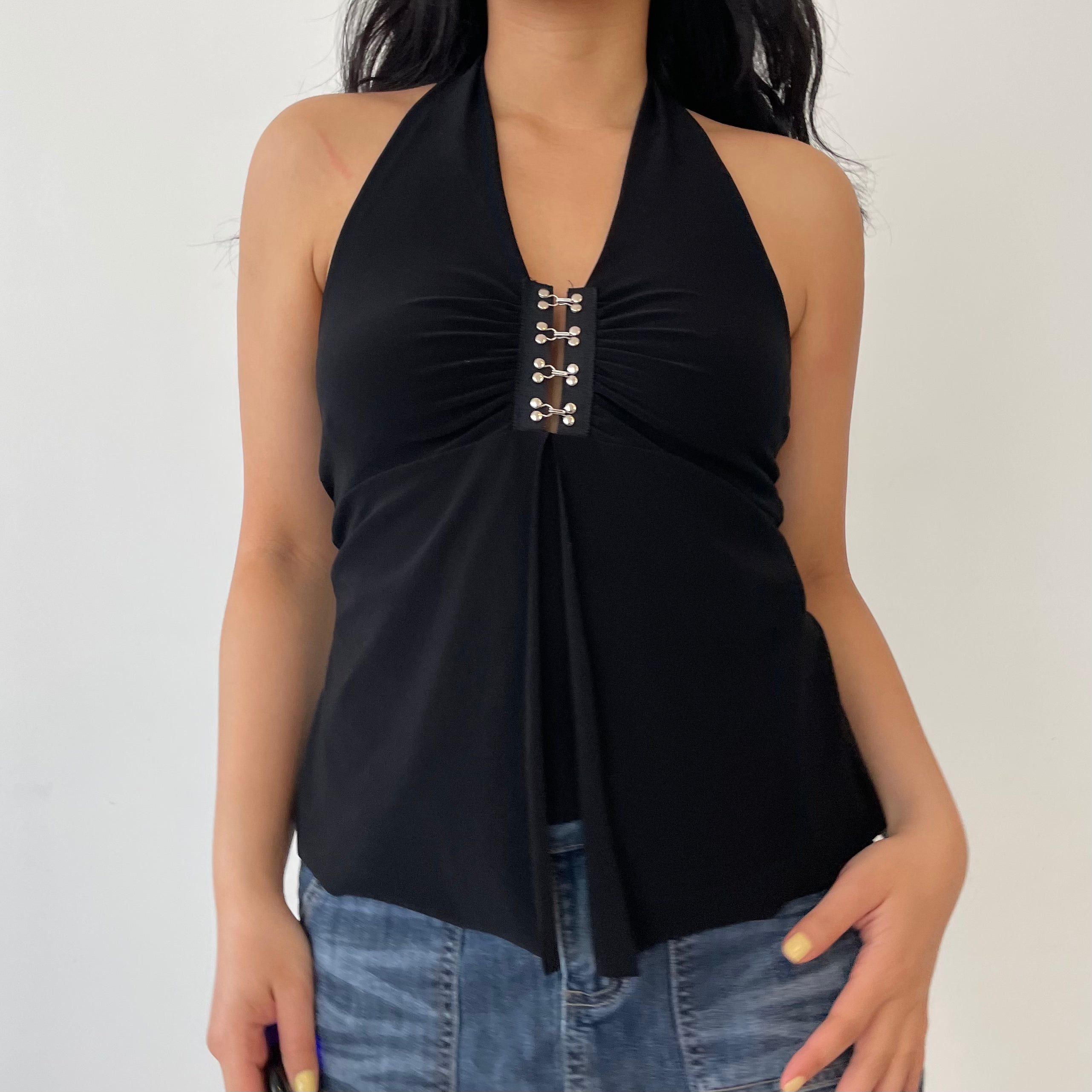 Y2K Black Flower Halter Top (S/M)