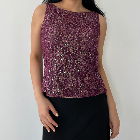 GVN Purple Sequin High Neck Sleeveless Floral Tank - Medium