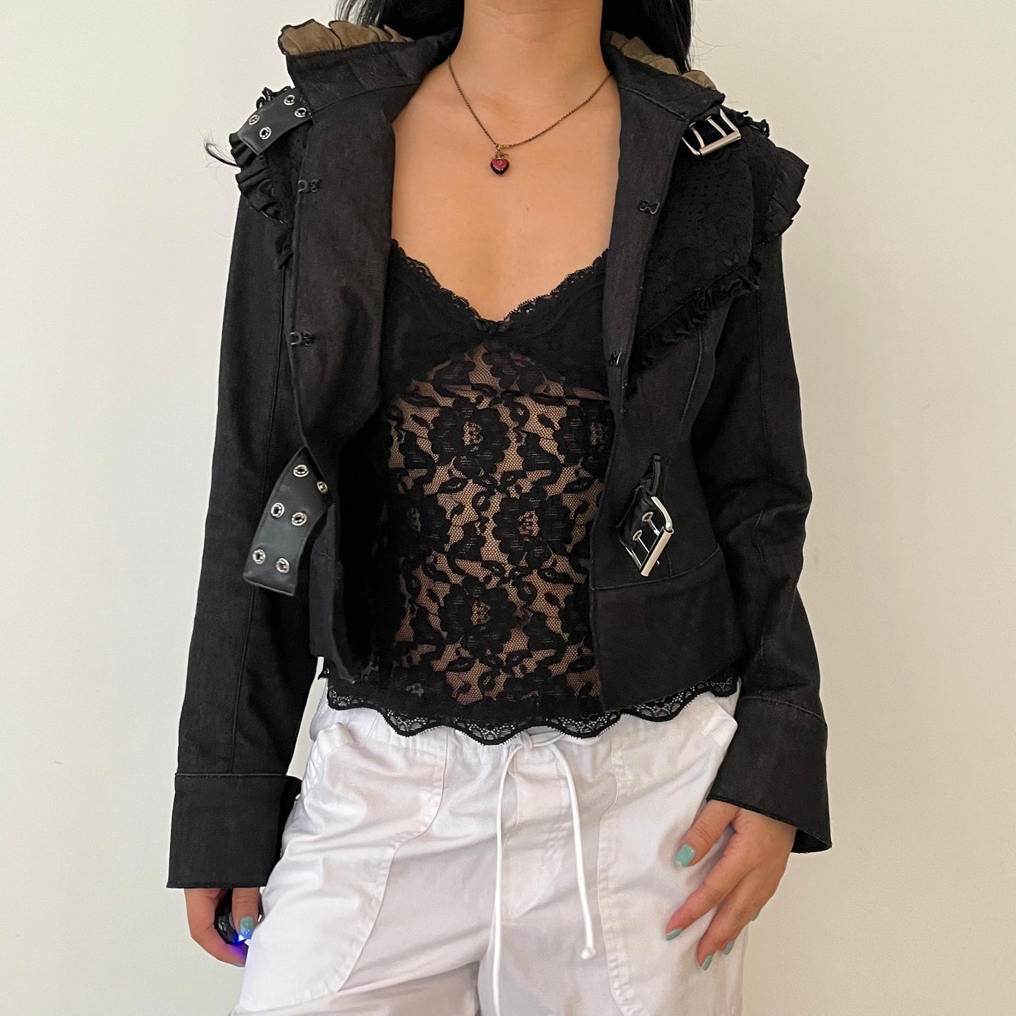 Morgan de Toi Black Denim Lace Ruffle Buckle Collar Jacket - Small