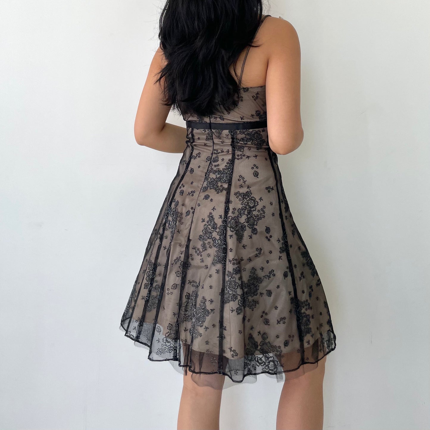 Vintage Late 90s/Early 00s Zum Zum by Niki Livas Black Beaded Lace Dress with Nude Lining and Tulle Underskirt - X-Small