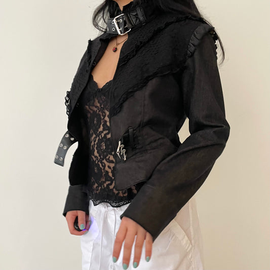 Morgan de Toi Black Denim Lace Ruffle Buckle Collar Jacket - Small