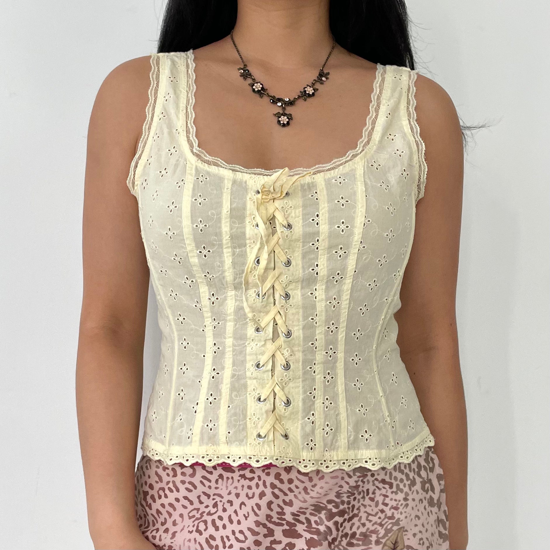 H&M Butter Yellow Broderie Anglaise Lace Front Boned Corset Top
