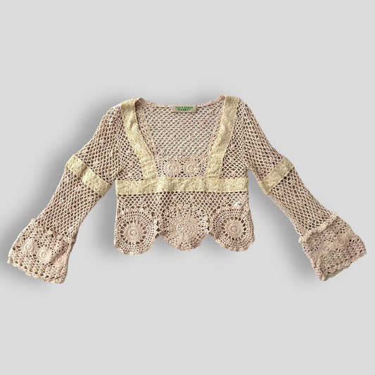 Love Girls Market Beige Square Neck Bell Sleeve Crochet Top - X-Small