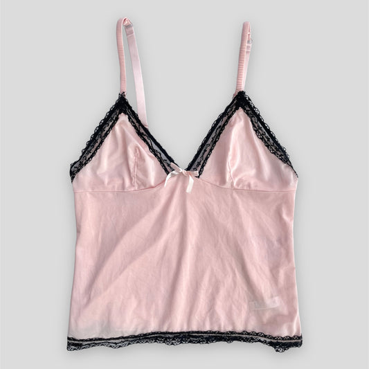 Donna L’orèn Gold Label Pink and Black Lace Trim Bow Cami Top - Medium