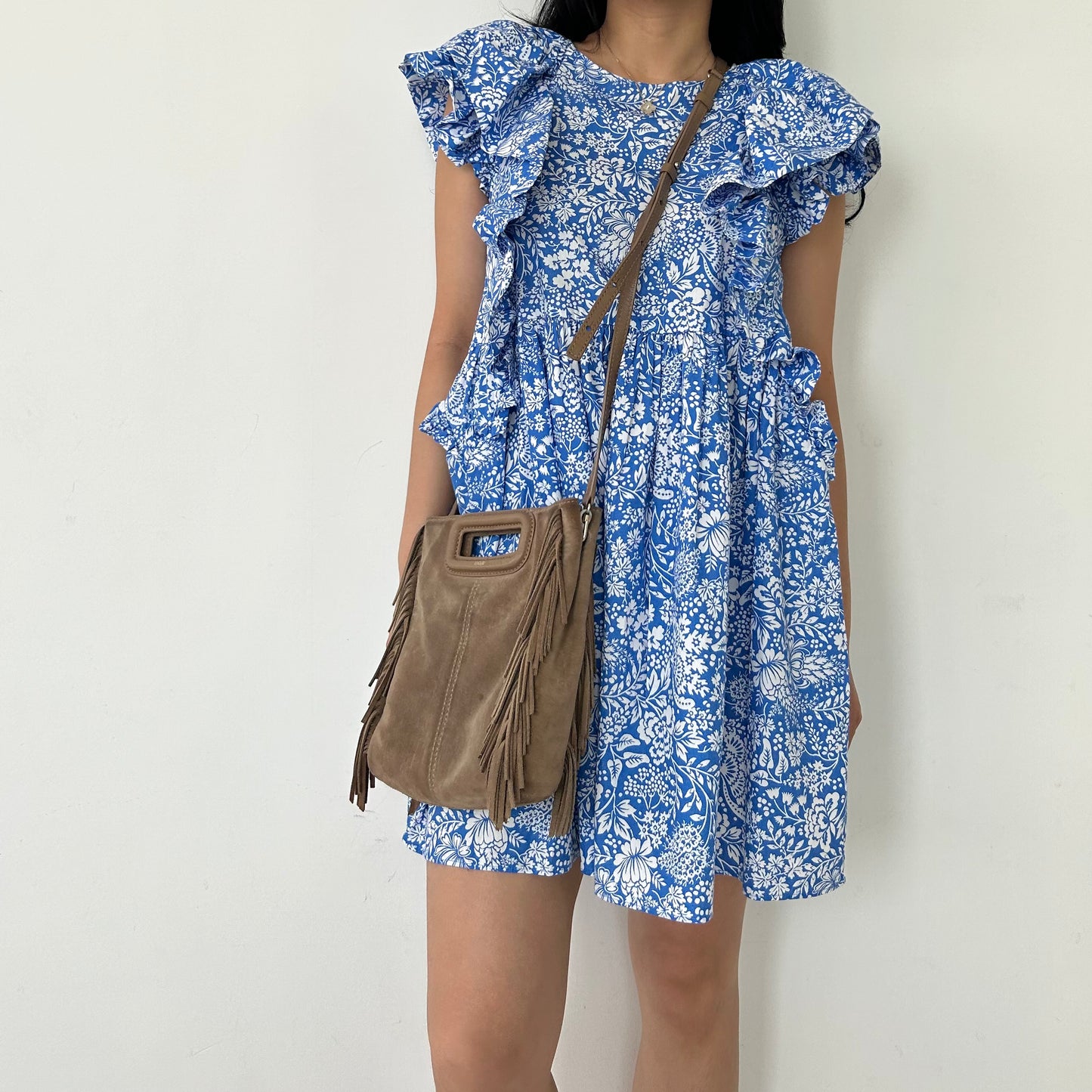 Zara Blue and White Floral Ruffle Sleeve Mini Dress - Small