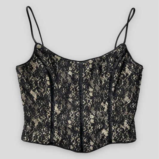 Vintage 1990s Jessica McClintock Gunne Sax Black and Gold Corset Top - Medium