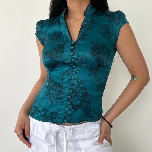 Le Château Teal Oriental Style Button Up Short Sleeve Blouse - Small