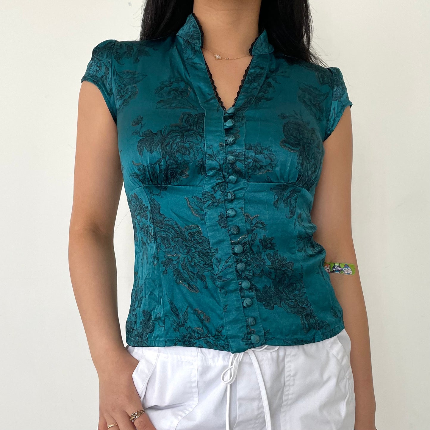 Le Château Teal Oriental Style Button Up Short Sleeve Blouse - Small