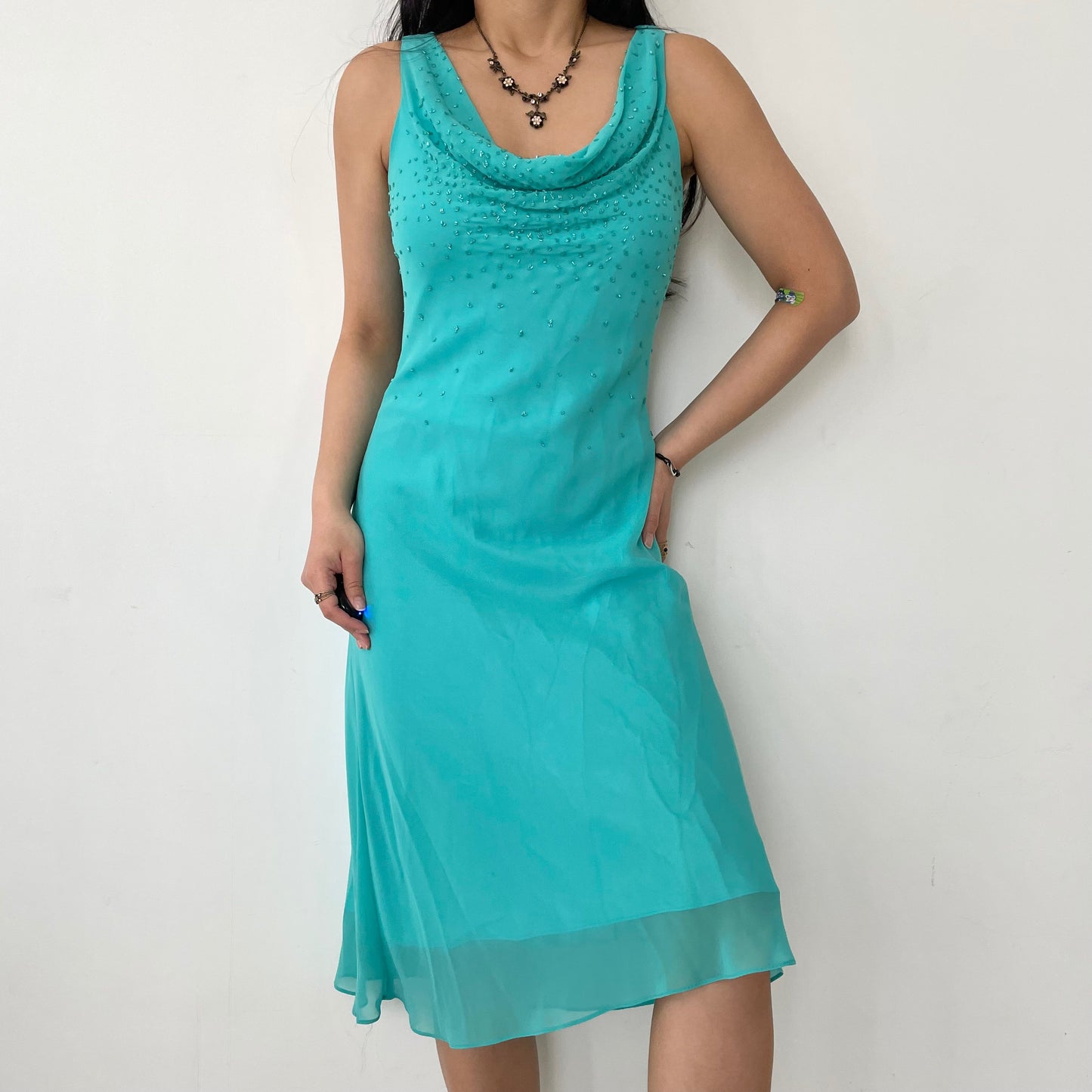 Vintage 1990s Chica’s USA Turquoise Beaded Cowl Neck Cocktail Dress - Medium