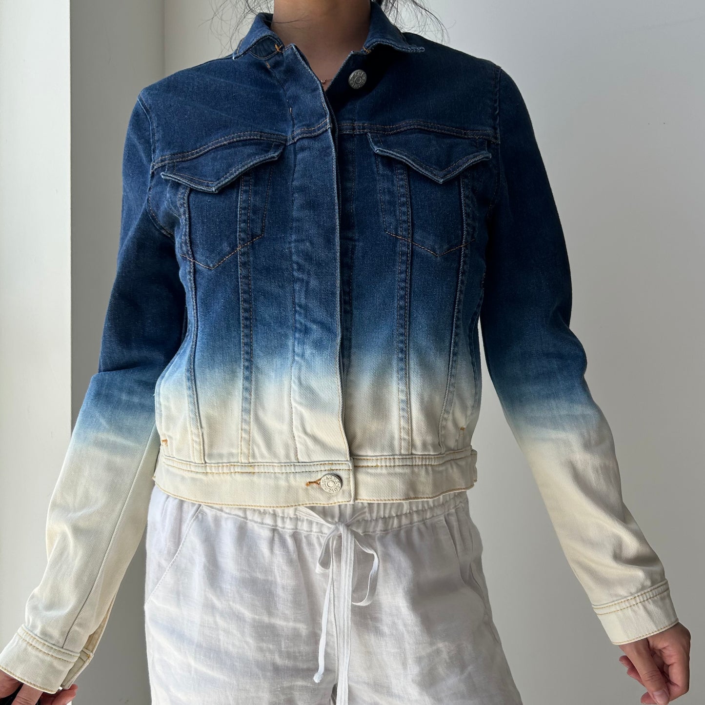 Acne Studios Blue And Cream Denim Trucker Jacket - X-Small