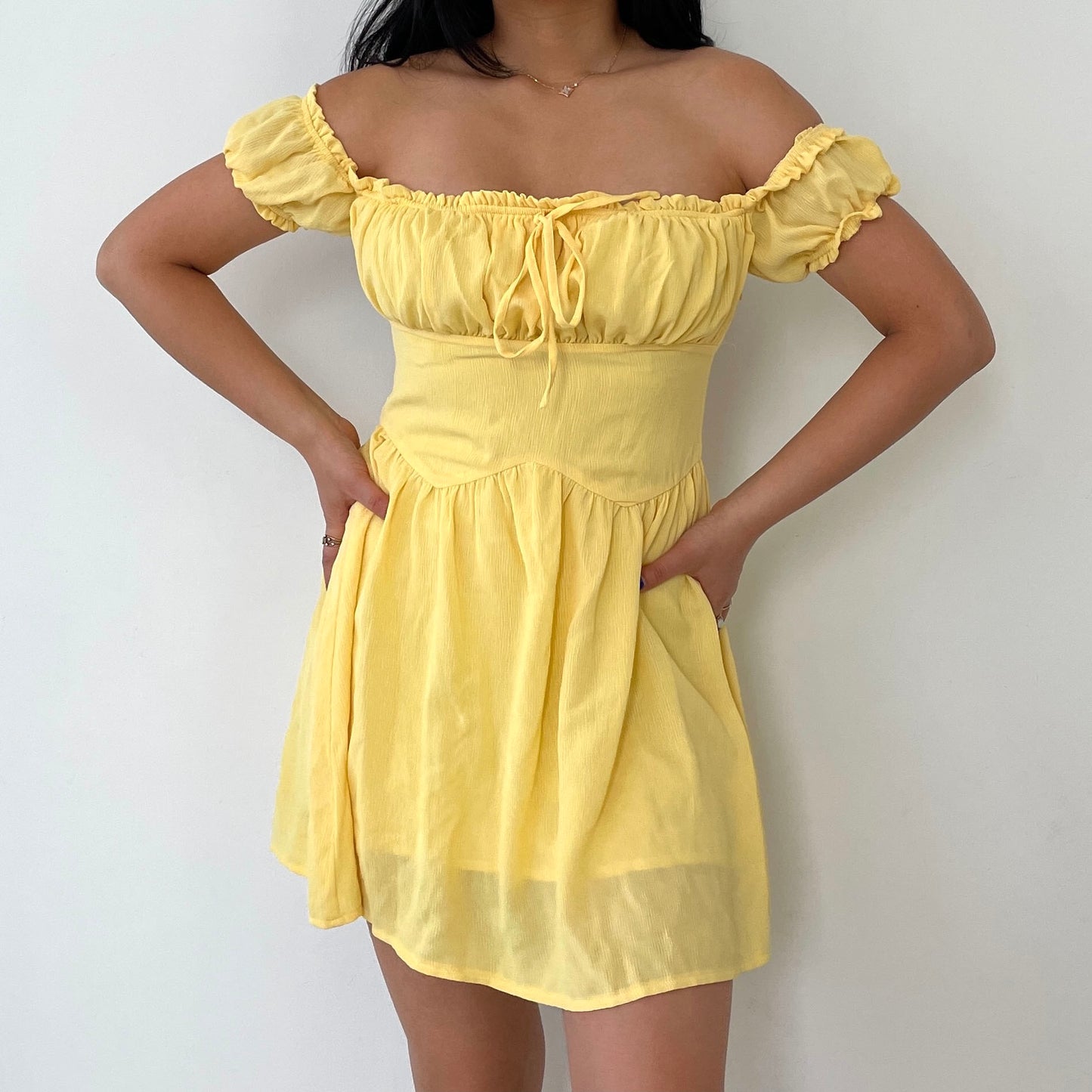 Yellow Tiger Mist Off Shoulder Dress - Zoehify