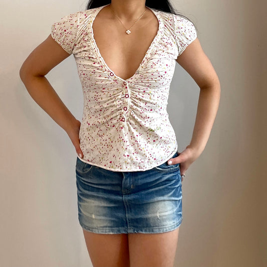 Miss Sixty Ruched Floral V Neck Tee - Zoehify