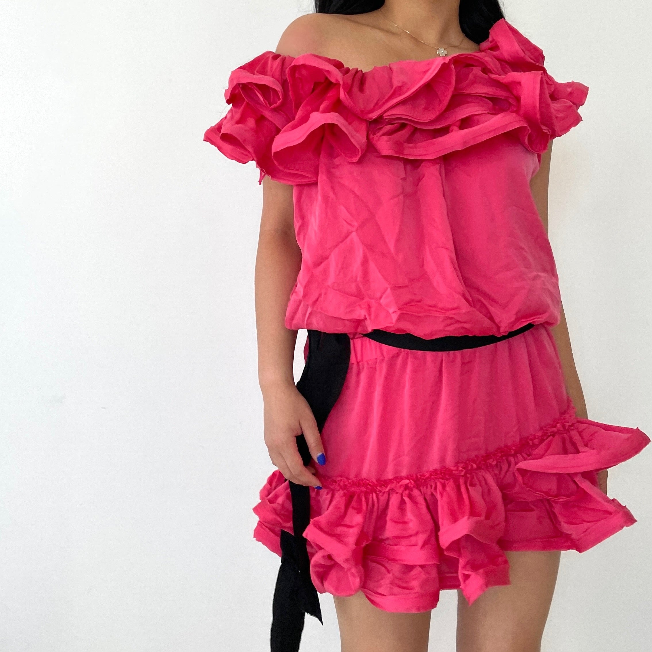 BNWT 2010 Lanvin X H M Hot Pink Off Shoulder Ruffle Mini Dress Zoehify