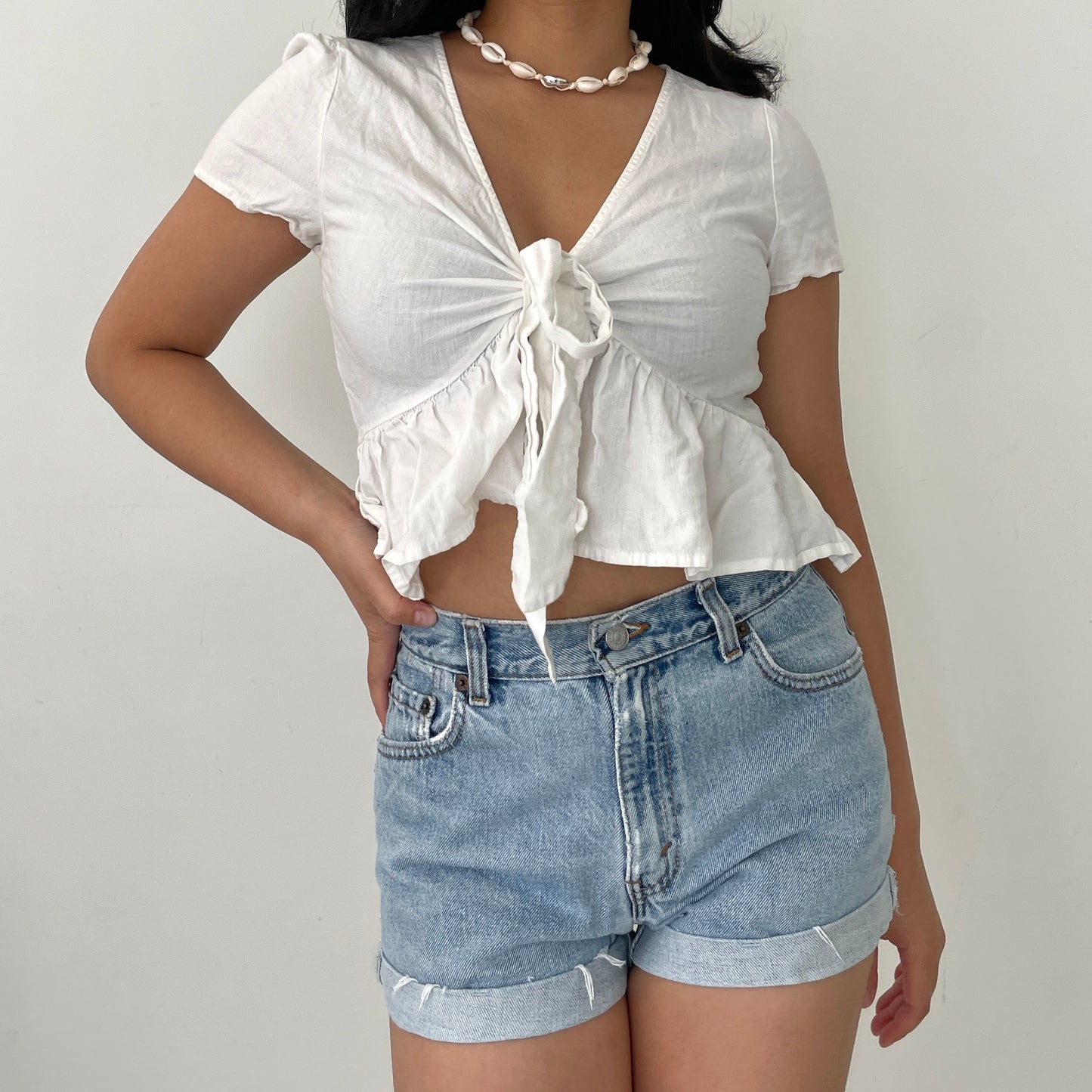 White Brandy Melville Linen Short Sleeve Tie Front Top