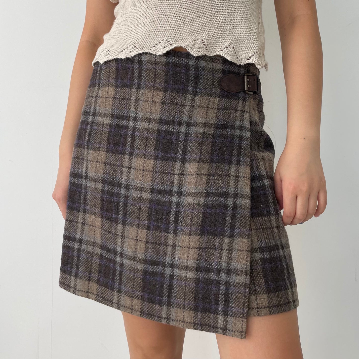 Polo Ralph Lauren Brown and Purple Tartan Wool Mini Skirt - Medium