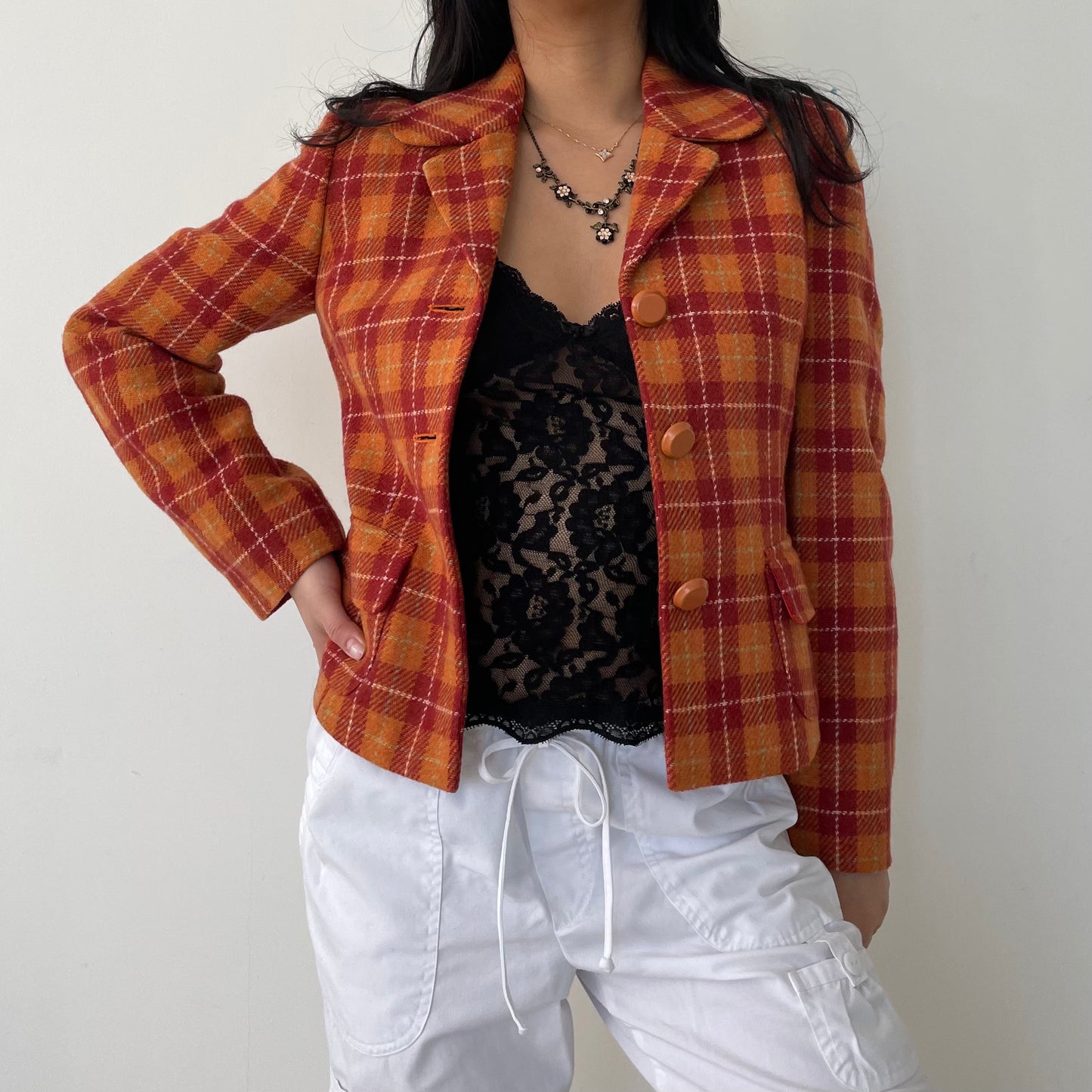 Vintage 1990s Dolce & Gabbana Wool & Alpaca Orange Plaid Blazer - X-Small