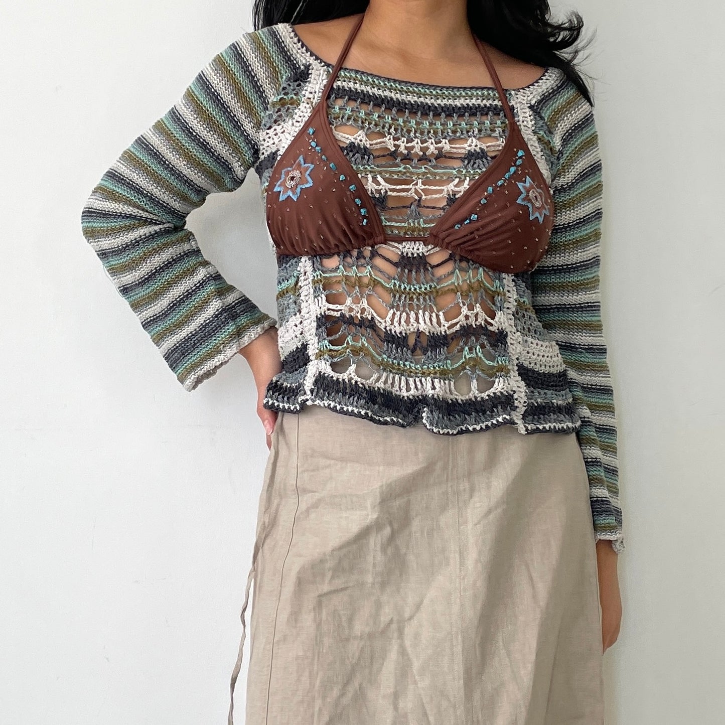 Free People Blue Bell Sleeved Striped Long Sleeve Silk Crochet Knit Top