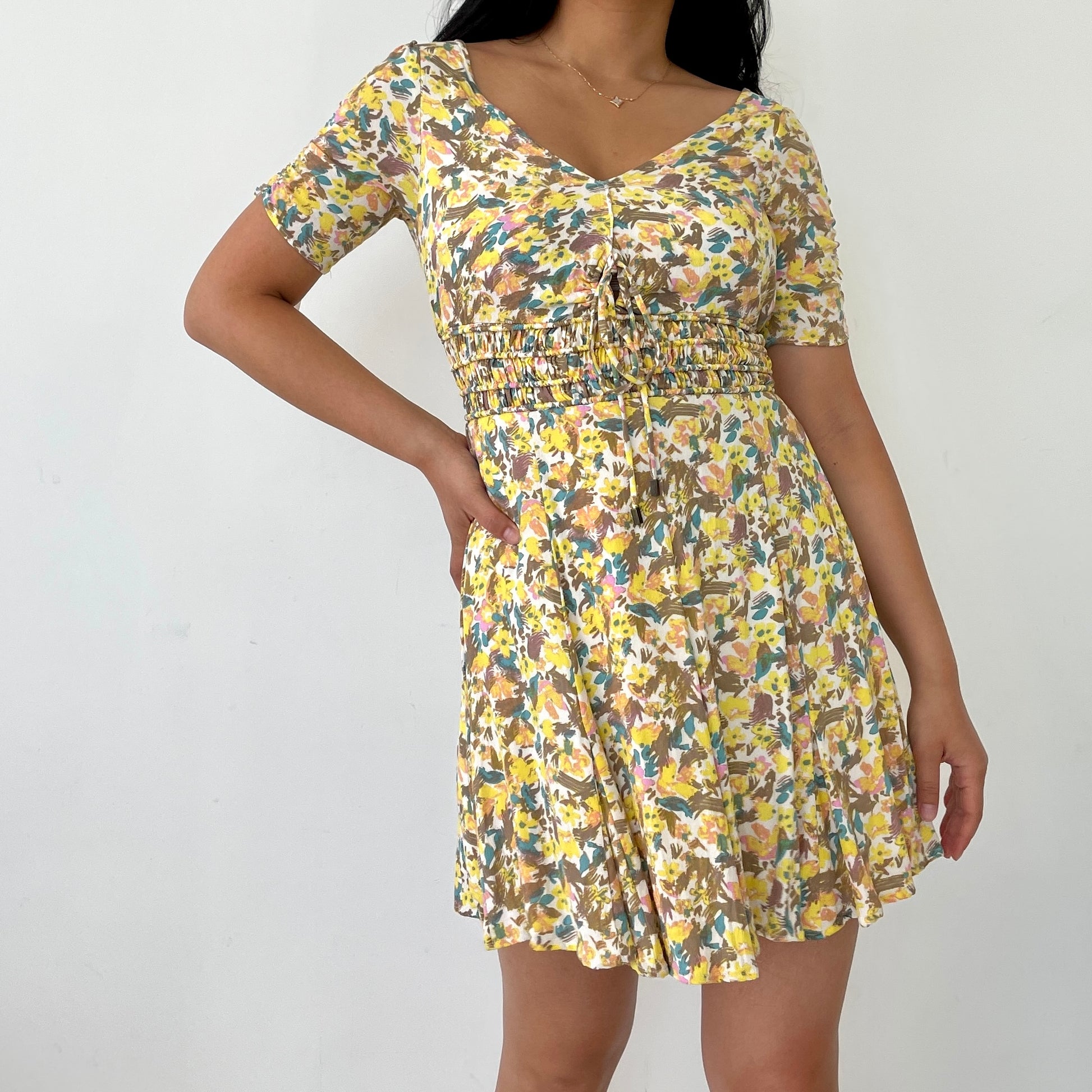 Yellow Floral Free People Short Sleeved Sundress - Zoehify