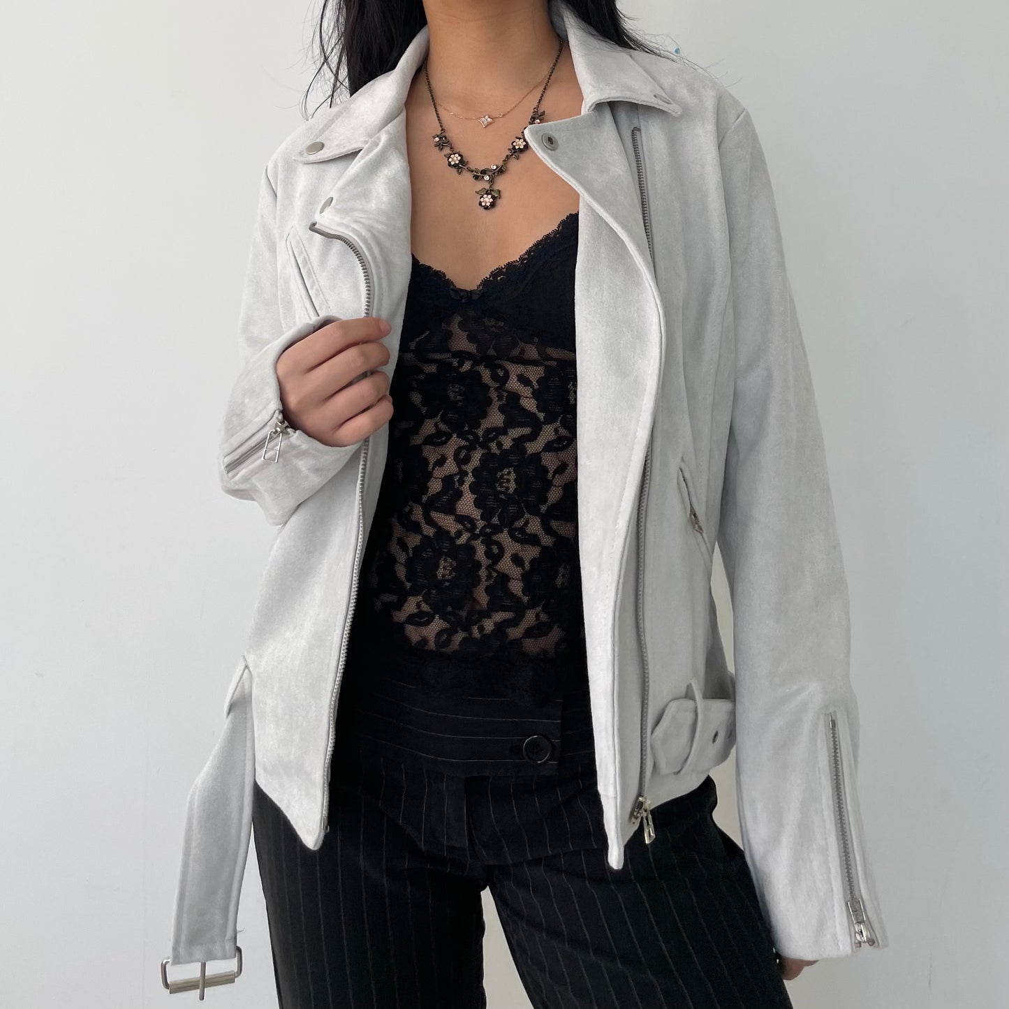 Lioness Light Grey Faux Suede Moto Jacket - Medium