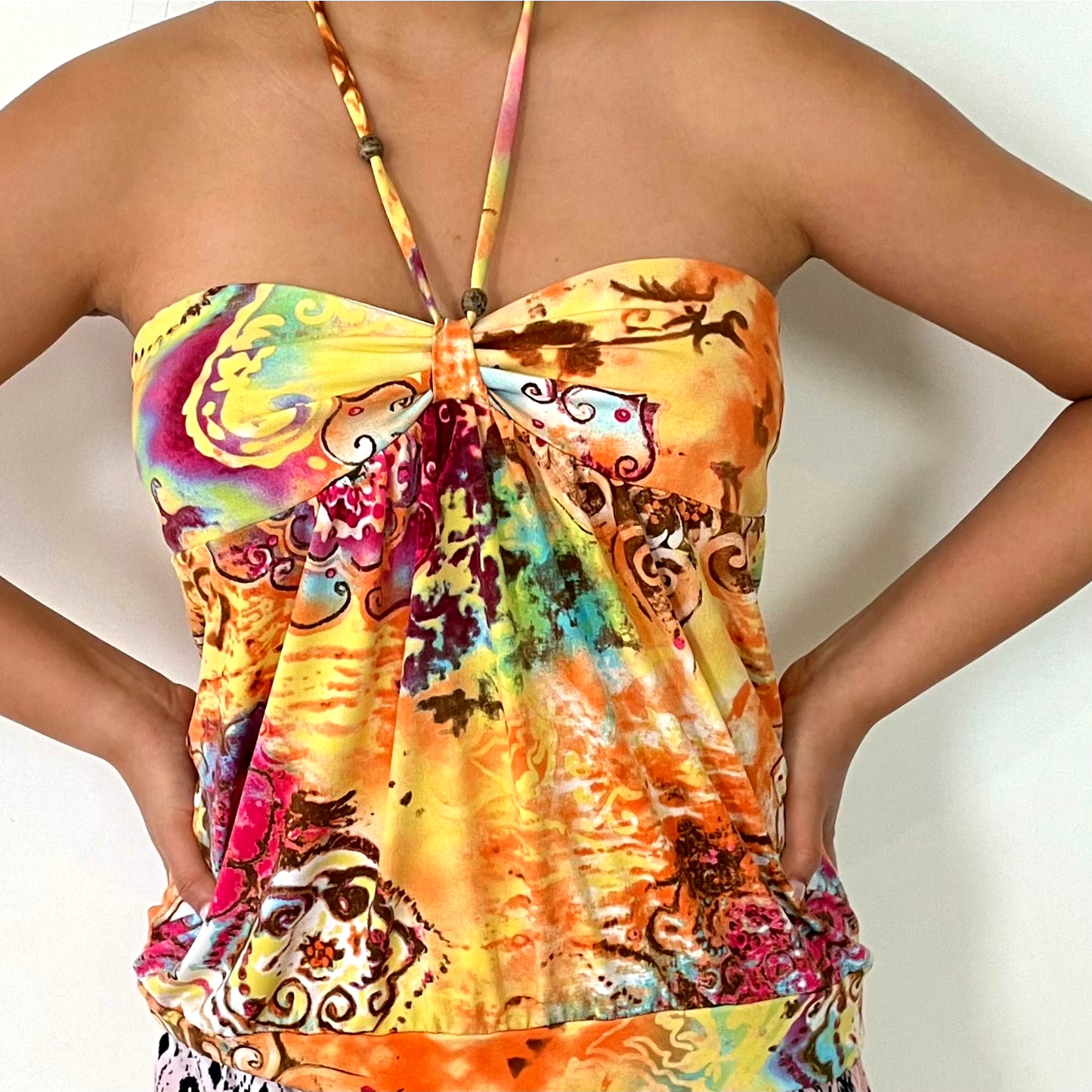 Orange Patterned Tie Neck Halter Top - Zoehify